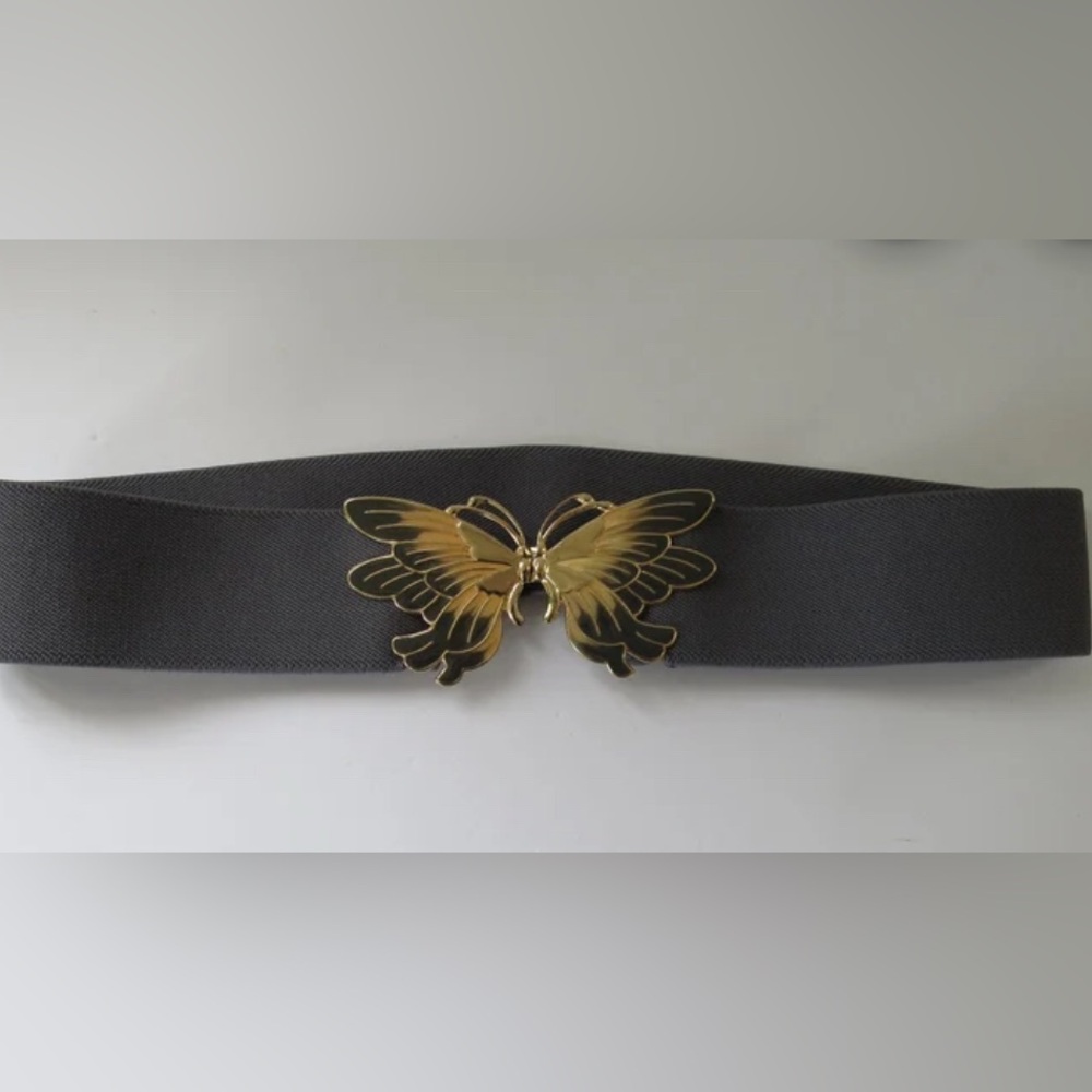 Vintage Stretch Belt with Metal Buckle Beige Gray and Golden Butterfly, β¦